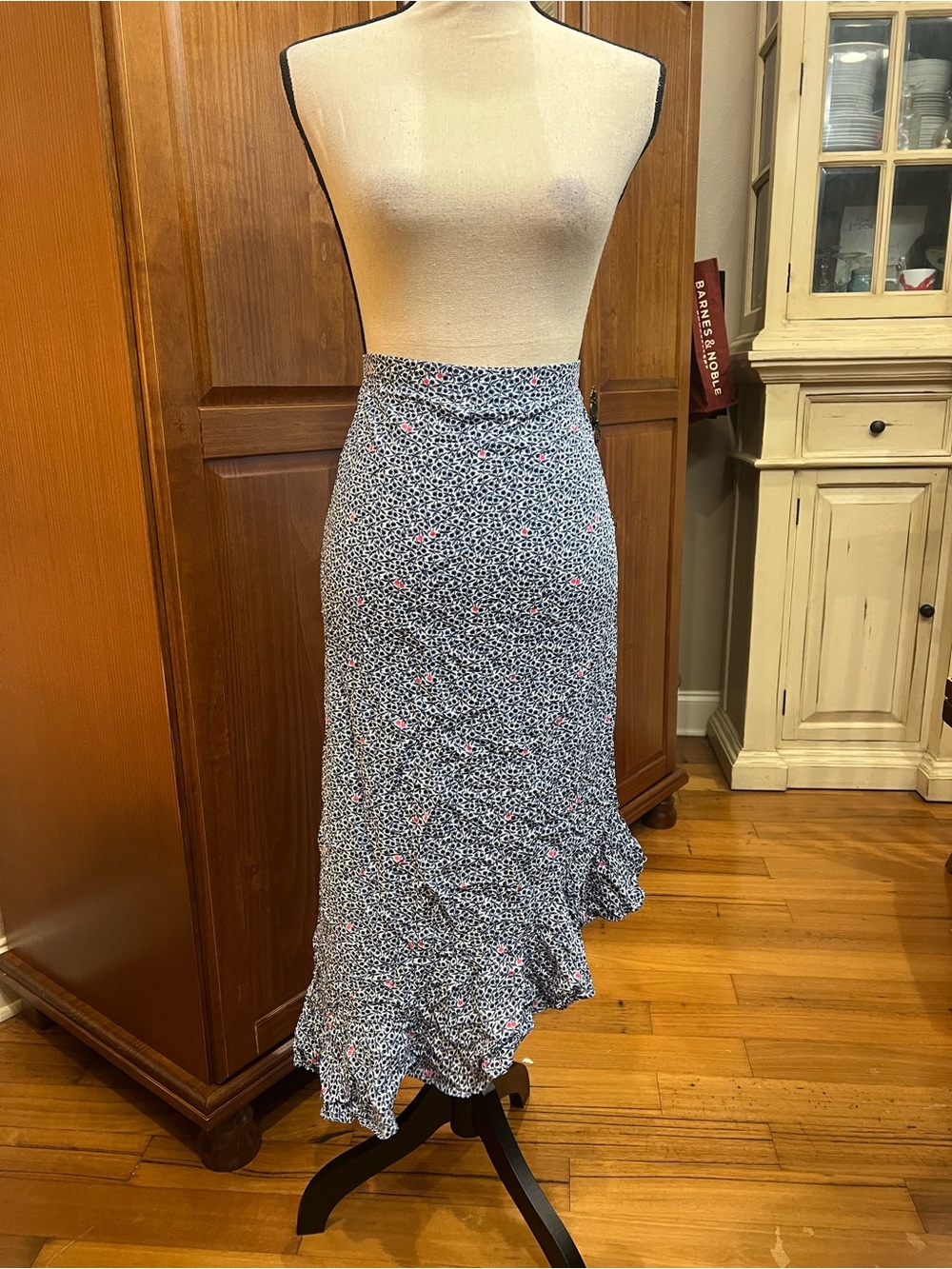 J. Crew Blue Midi Skirt with Pink Floral and Ruffle Hem